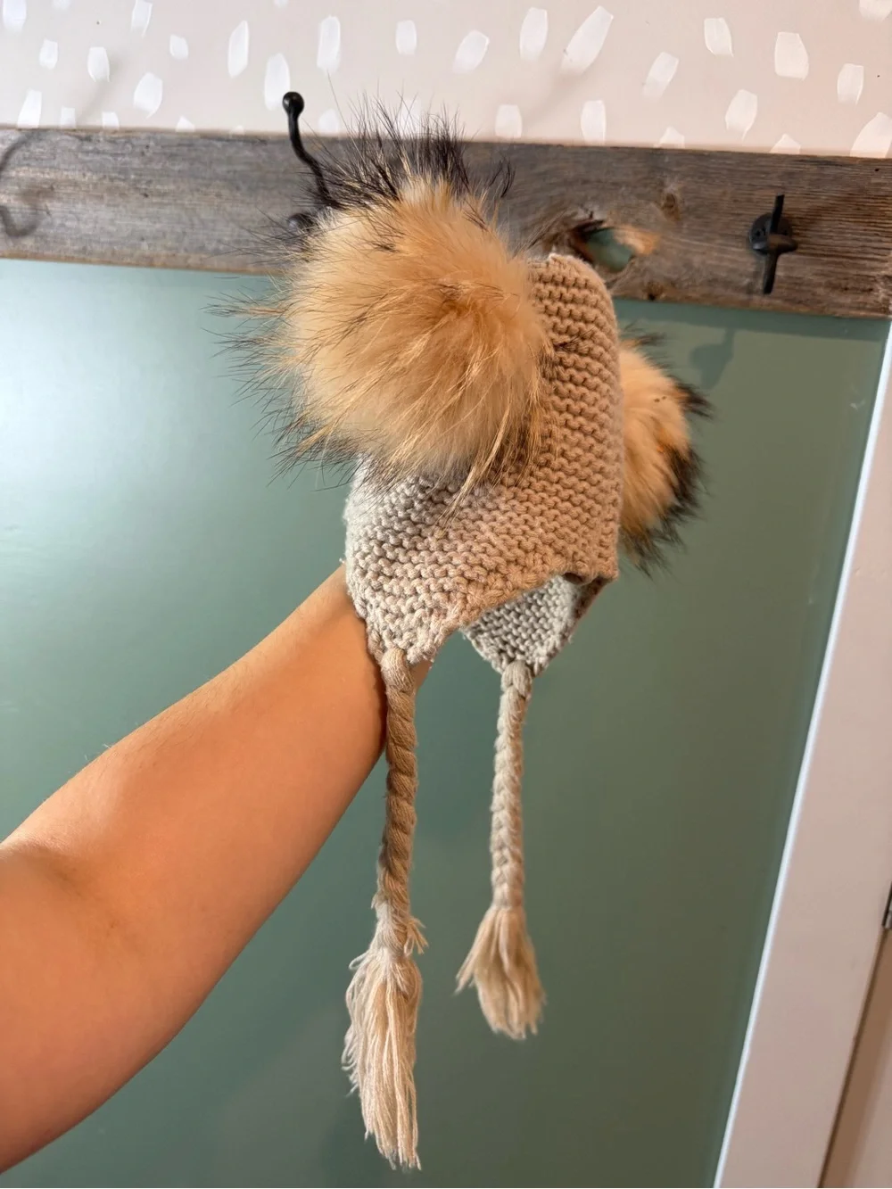 Kids Knit Pom Pom Earflap Hat - Taupe